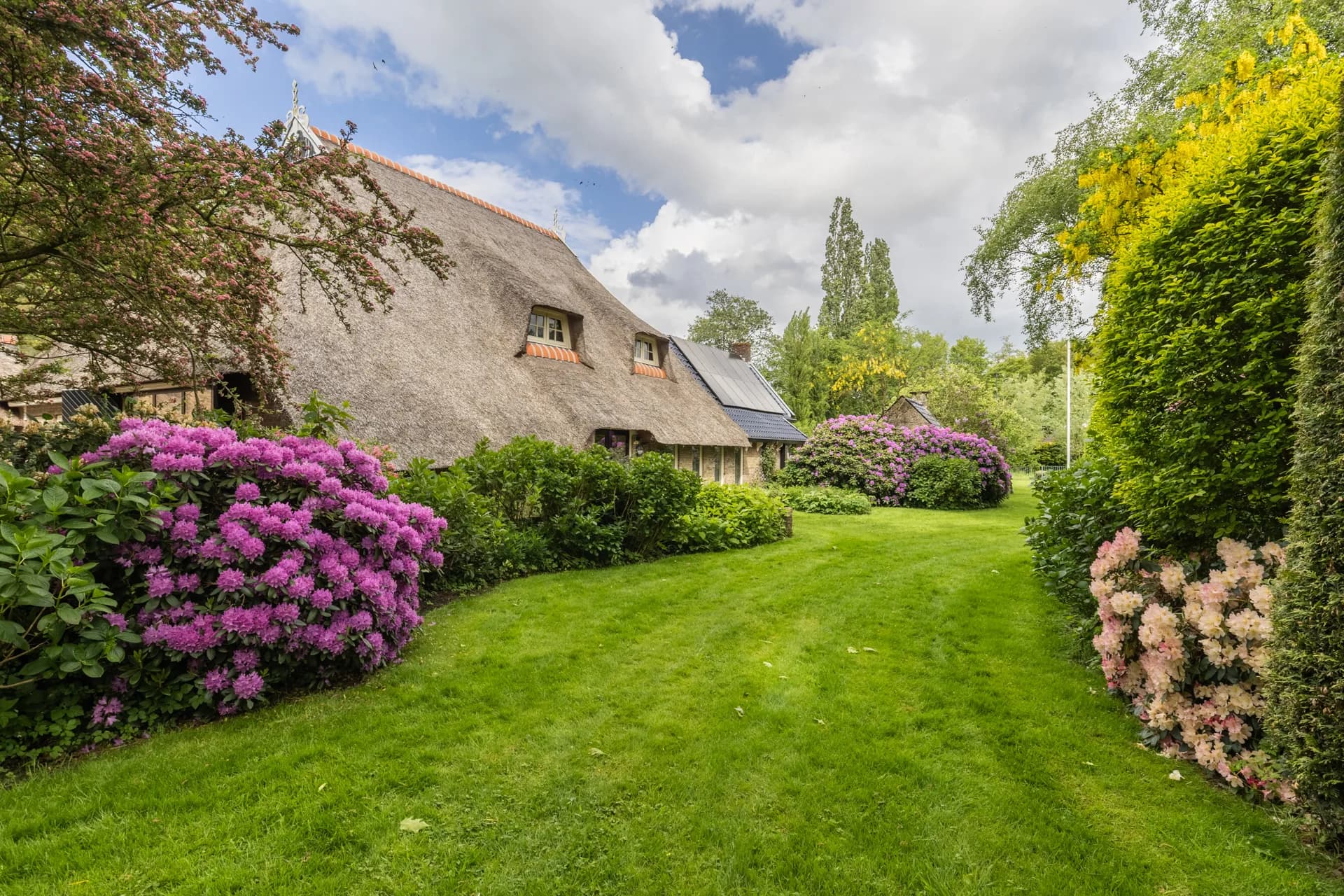 Vastgoedfotografie Friesland, vrijstaande woning met rieten dak en bloeiende rododendrons