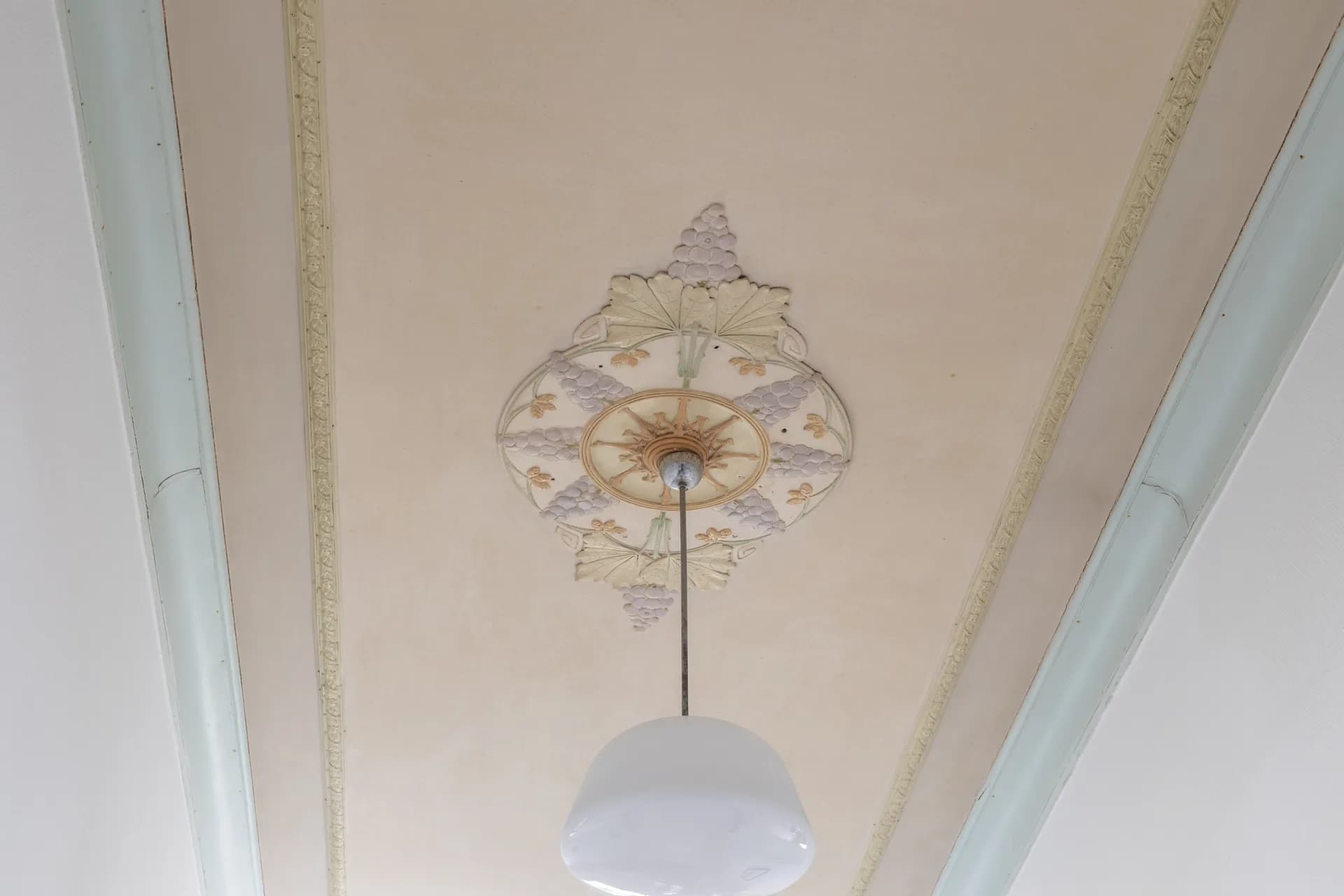 Sierlijk historisch stucwerk plafondornament met lamp, detail vastgoedfotografie